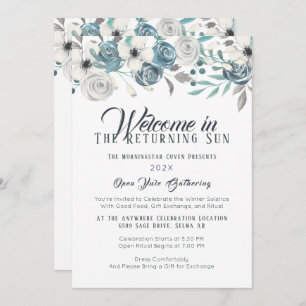Invitación Solsticio de invierno de flores azules y blancas d