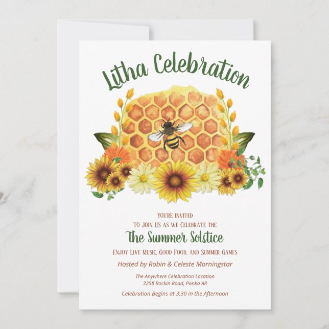 Invitación Solsticio de verano Girasol y Fiesta Litha de Hone (Anverso)
