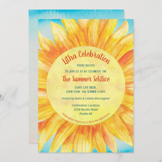 Invitación Solsticio de verano Sol girasol Fiesta de Litha de (Anverso / Reverso)