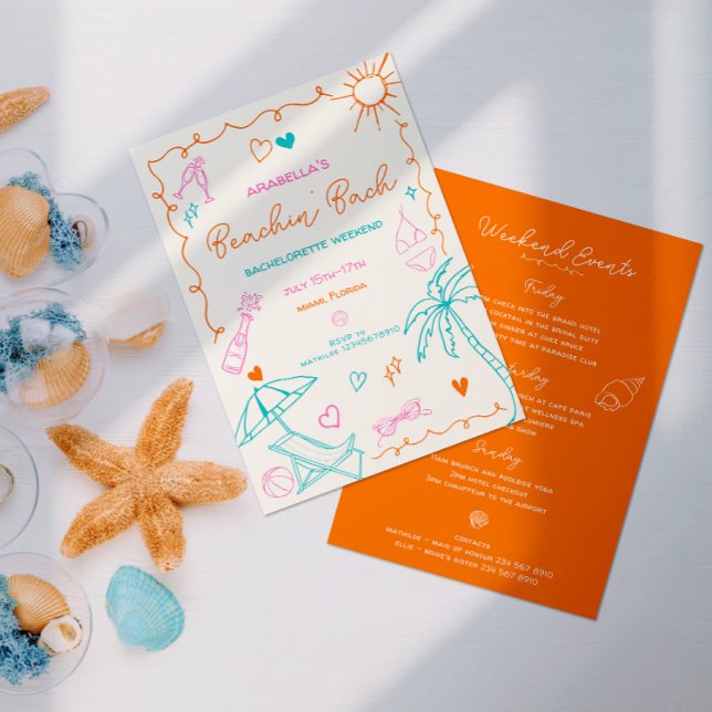 Invitación Soltera de Playa | Itinerario, Diversión, Doodle N (Hand drawn coastal theme bachelorette in fun orange, pink & teal, placed next to decorative shells. )