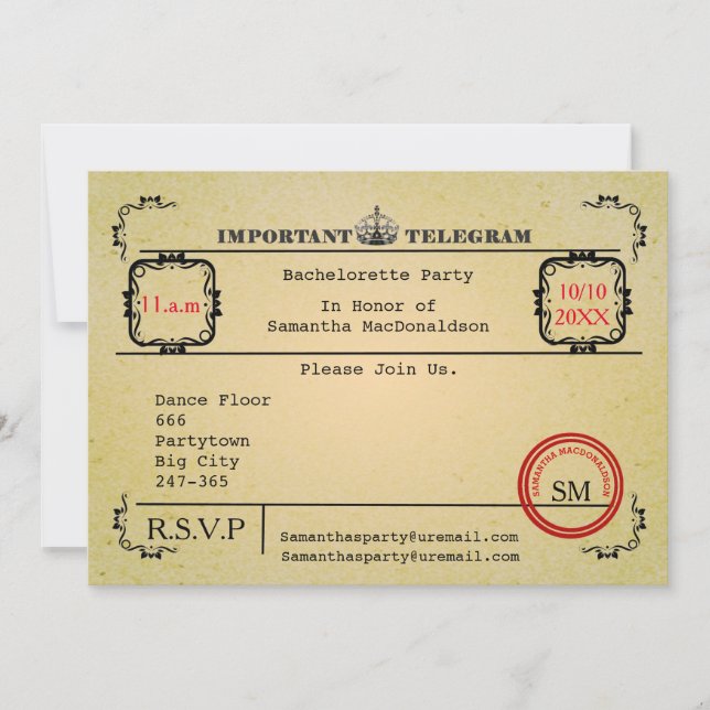 Invitación Soltera de telegrama de época (Anverso)