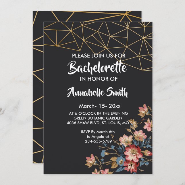 Invitación Soltero geométrico de oro (Anverso / Reverso)