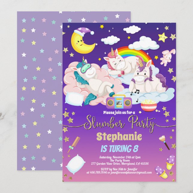 Invitación Solterona de natalidad de fiesta de unicornio (Anverso / Reverso)