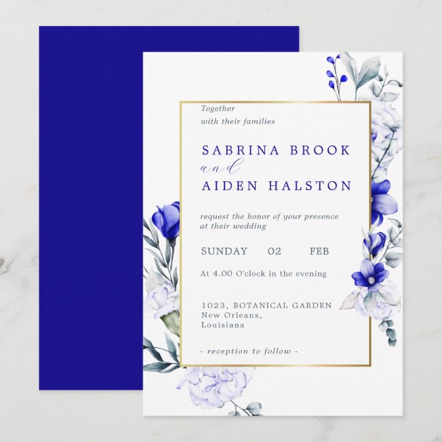 Invitación Sombra Del Boda Floral De Marfil Azul Real (Anverso / Reverso)