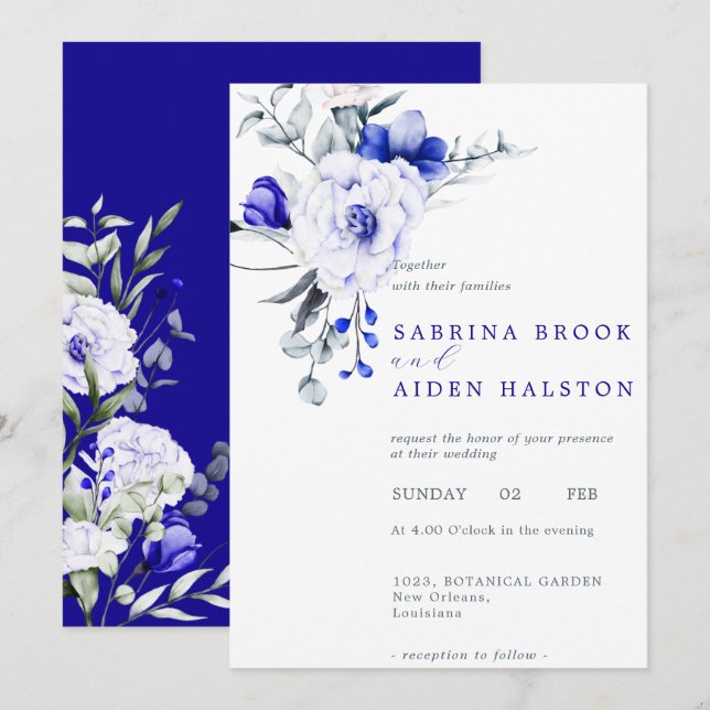Invitación Sombra Del Boda Floral De Marfil Azul Real (Anverso / Reverso)