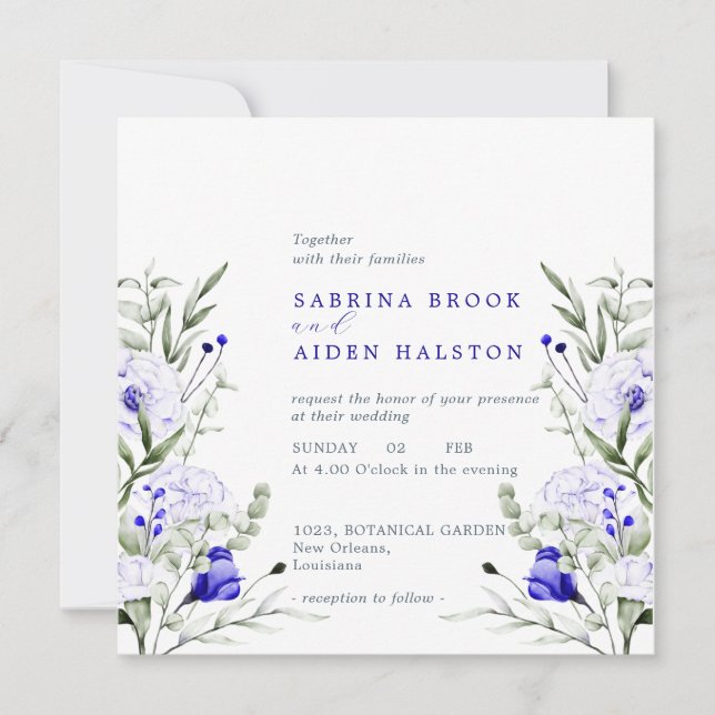 Invitación Sombra Del Boda Floral De Marfil Azul Real (Anverso)