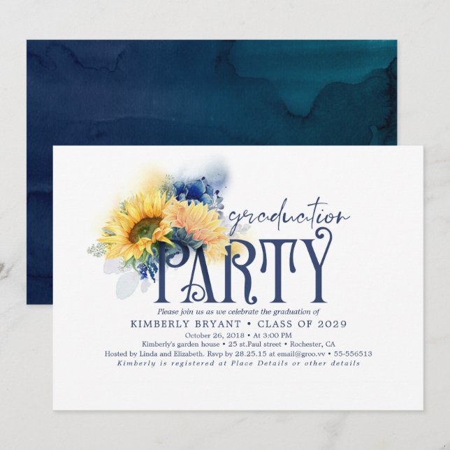 Invitación Sombras amarillas elegancia Marina Azul graduación (Anverso / Reverso)