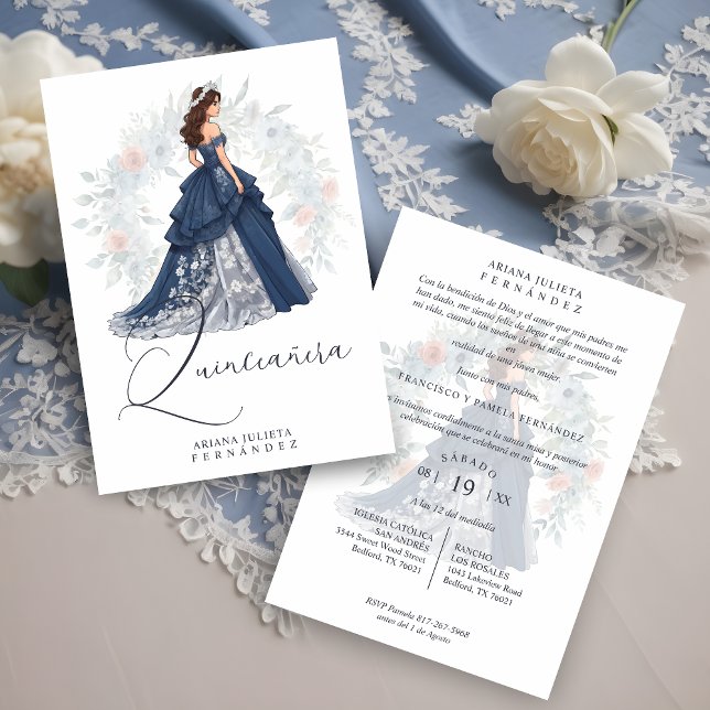 Invitación Sombras azules de Quinceañera románticas encantada (Enchanted Romantic Spanish Quinceañera Blue Shades Invitation Card with Envelope. )