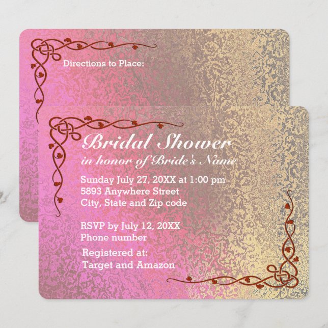 Invitación Sombras de rosa y oro en la ducha de novias (Anverso / Reverso)