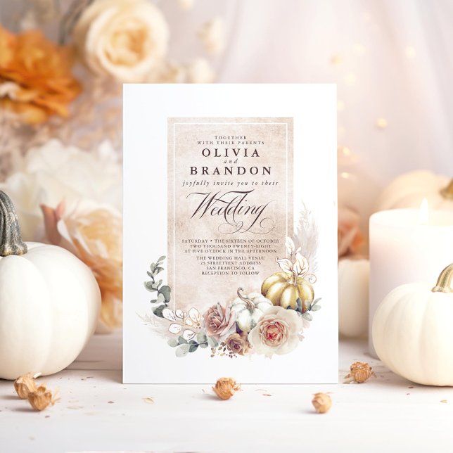 Invitación Sombras de tierra calabazas florales Boho Boho Fal (Earthy Floral Pumpkins Fall Wedding Invitations)