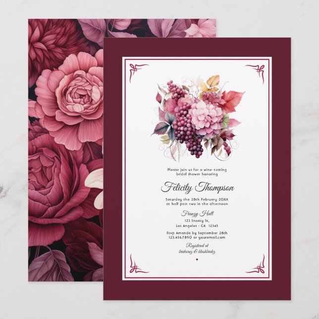 Invitación Sombras de vino Floral Bridal Ducha de vino Degust (Anverso / Reverso)