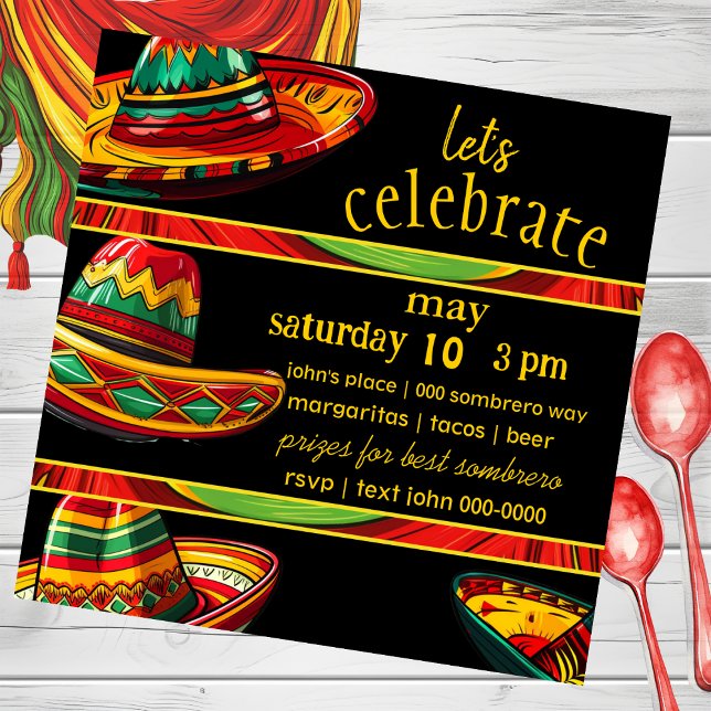 Invitación Sombrero caliente | Verde amarillo rojo | Tema De  (Bold colors for cinco de mayo birthday party celebrations for him and her customizable invite. )