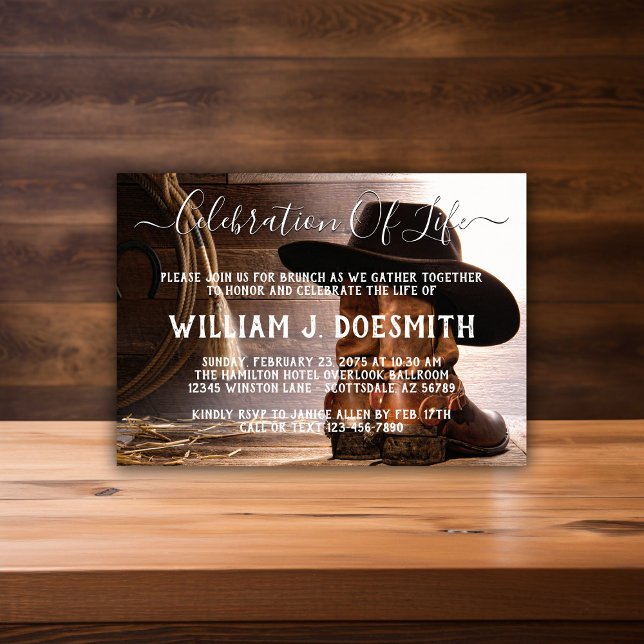 Invitación Sombrero de botas de vaquero Funeral Servicio Memo (Cowboy memorial service and funeral announcement. Simply add your event details.)