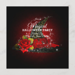 Invitación Sombrero de Bruja Glam Lacy Negro y Rojo Brillo Fi