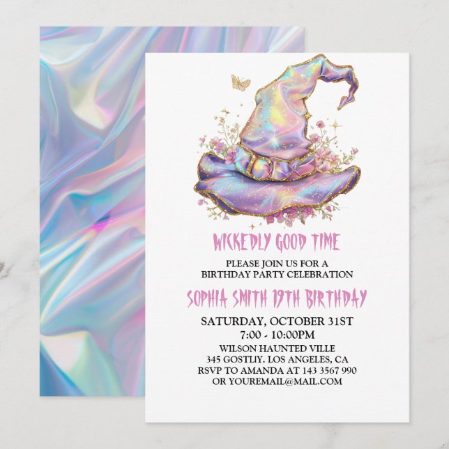 Invitación Sombrero de Bruja Iridescente Cumpleaños Divertidí (Anverso / Reverso)