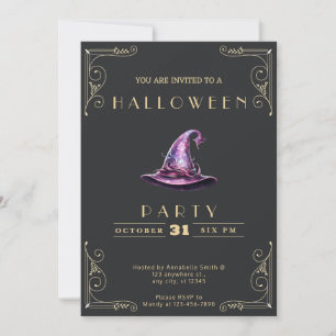 Invitación Sombrero de Brujas Negro y Dorado Pizarra Hallowee