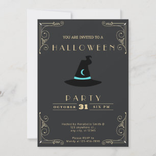 Invitación Sombrero de Brujas Negro y Dorado Pizarra Luna Hal