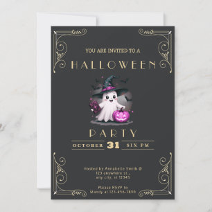 Invitación Sombrero de Brujo Fantasma Negro y Dorado Pizarra 