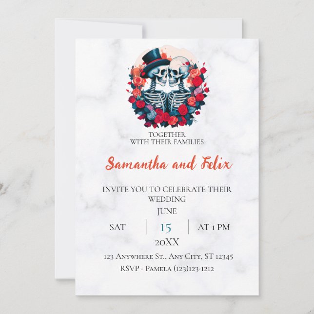 Invitación Sombrero de copa esqueleto floral círculo mármol (Anverso)