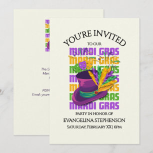 Invitación Sombrero de copa plumas Fiesta de MARDI GRAS