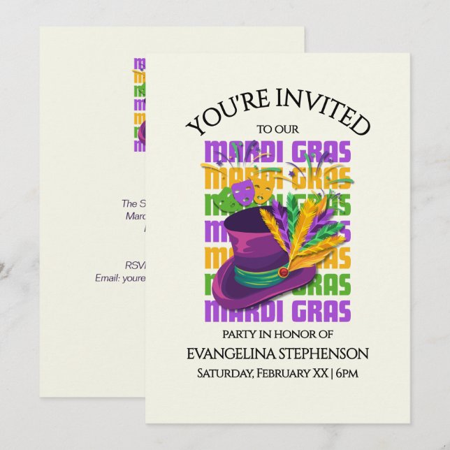 Invitación Sombrero de copa plumas Fiesta de MARDI GRAS (Anverso / Reverso)