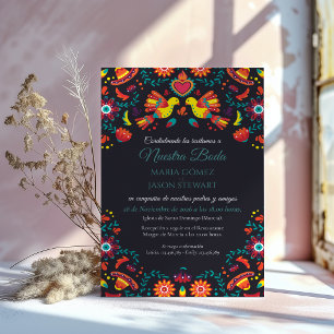 Invitación Sombrero de Fiesta Negra Arte Folclórico Boda Espa