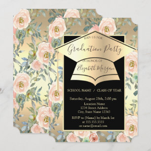 Invitación Sombrero de graduación, flores rosas doradas gradu