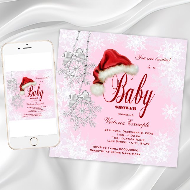 Invitación Sombrero de Santa para Baby Shower de Niña en Navi (Pink snowflake Christmas baby shower invitation. Instant download and printed invitations available.)