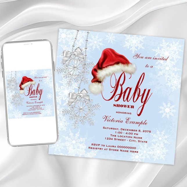 Invitación Sombrero de Santa y copos de nieve Baby Shower de  (Cute Santa hat snowflake baby shower invitation. Instant download and printed invitations available.)