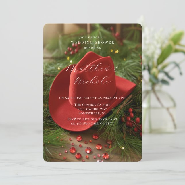 Invitación Sombrero de vaquero rojo para boda de Navidad (Anverso de pie)