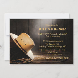 Invitación Sombrero de vaquero rústico masculino cuerda mader