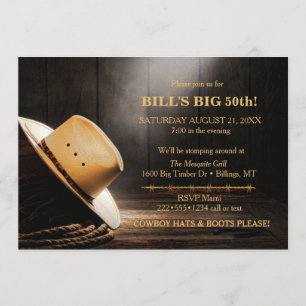 Invitación Sombrero de vaquero rústico masculino cuerda mader