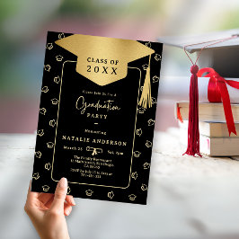 Invitación Sombrero elegante de graduación negro y dorado Fie