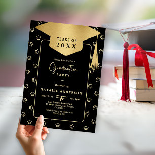 Invitación Sombrero elegante de graduación negro y dorado Fie