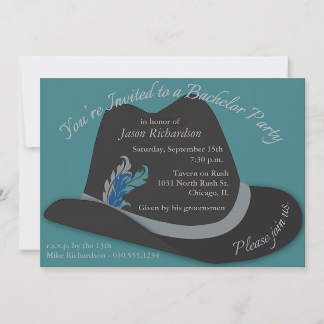 Invitación Sombrero Fedora con Plumas Fiesta de Soltero (Anverso)