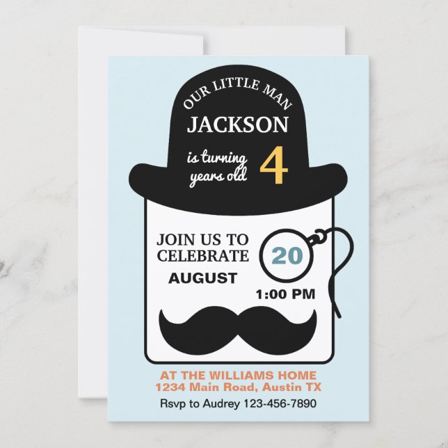 Invitación Sombrero hongo y monóculo lindos para fiesta de cu (Anverso)