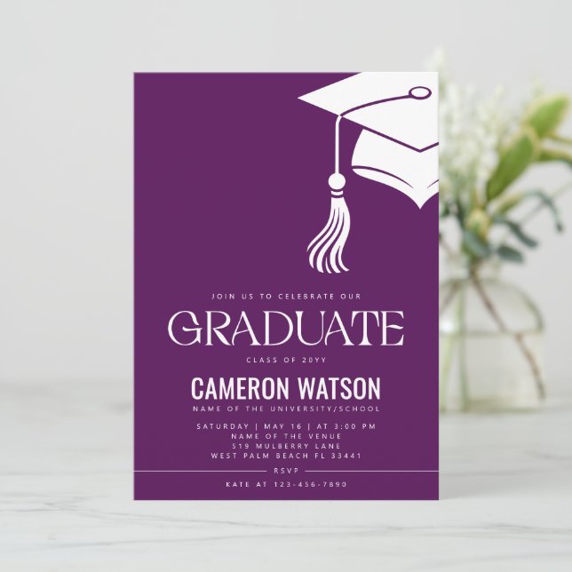 Invitación Sombrero minimalista moderno y fiesta de graduació (Anverso de pie)