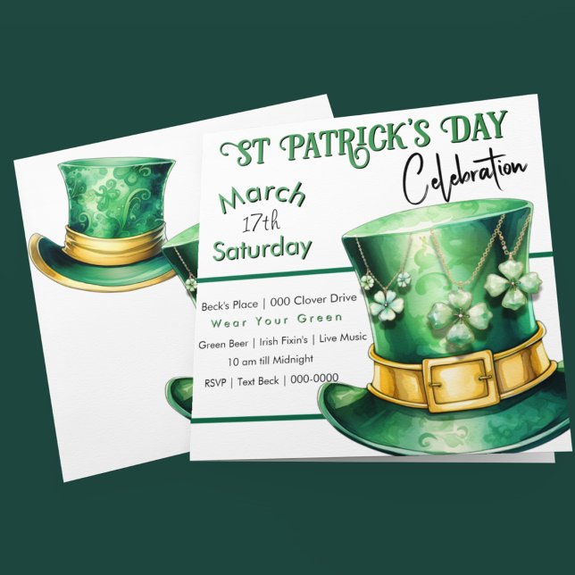 Invitación Sombrero superior en el Día de San Patricio con Fi (Happy St Patrick's Day customizable party invitation with Leprechaun Top Hats and Shamrocks)