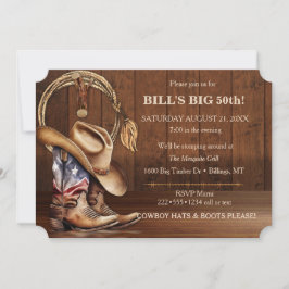 Invitación Sombrero vaquero de botas de madera rústica occide