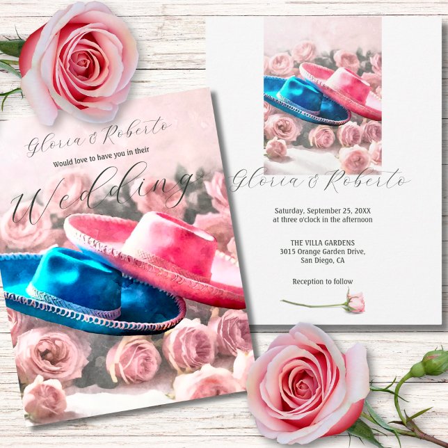 Invitación Sombreros rosa y azul con Boda de Rosas Rubor (Subido por el creador)