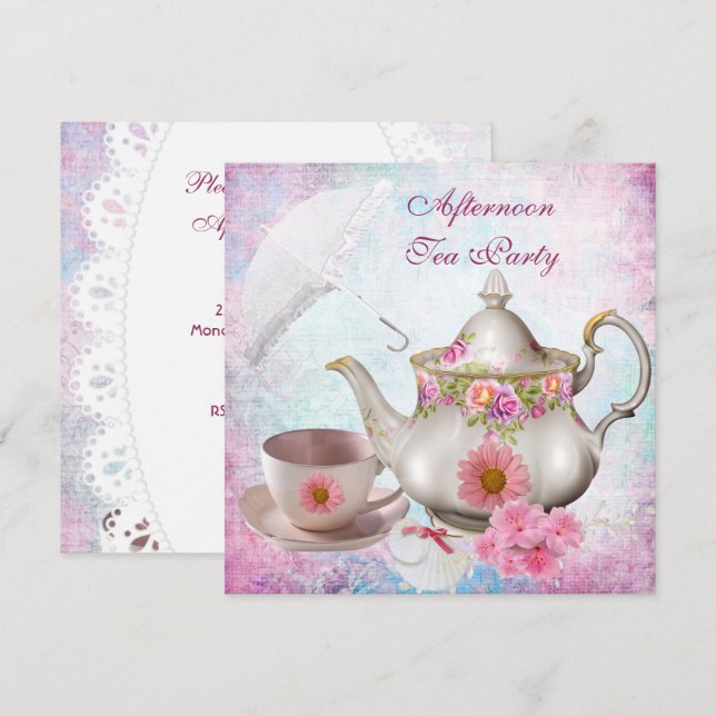 Invitación Sombrilla de fiesta de té de la tarde Pink Floral  (Anverso / Reverso)