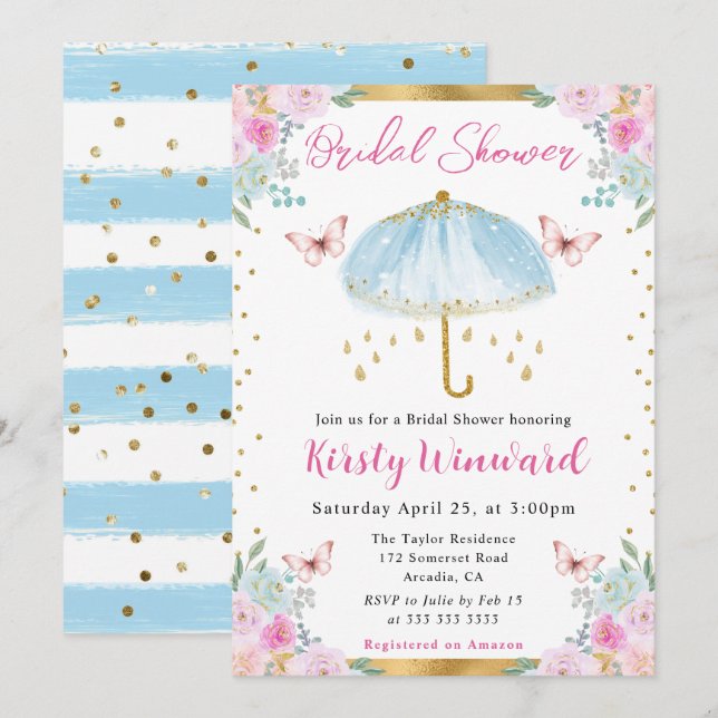 Invitación Sombrilla de lluvia azul de primavera para fiesta  (Anverso / Reverso)