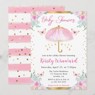 Invitación Sombrilla de primavera de oro rosa acuarela Baby S