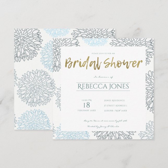 INVITACIÓN SOMBRILLAS DE LA DUCHA BRIDAL AZUL DAHLIA PATTERN (Anverso / Reverso)