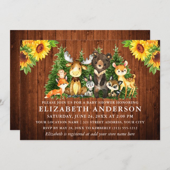 Invitación Sombrillas De Madera Rústica Ducha De Animales De  (Anverso / Reverso)