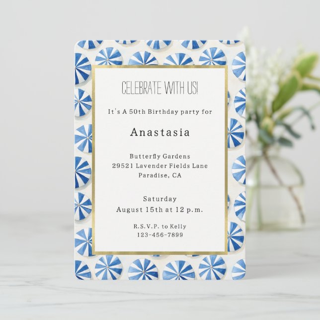 Invitación Sombrillas de Playa Azules Blancas Cumpleaños Rivi (Anverso de pie)