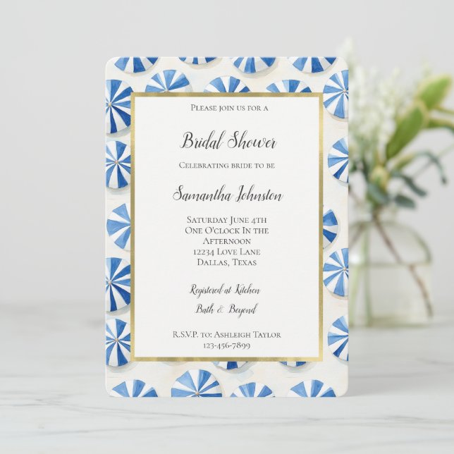 Invitación Sombrillas de Playa Azules Despedida de Soltera Ri (Anverso de pie)