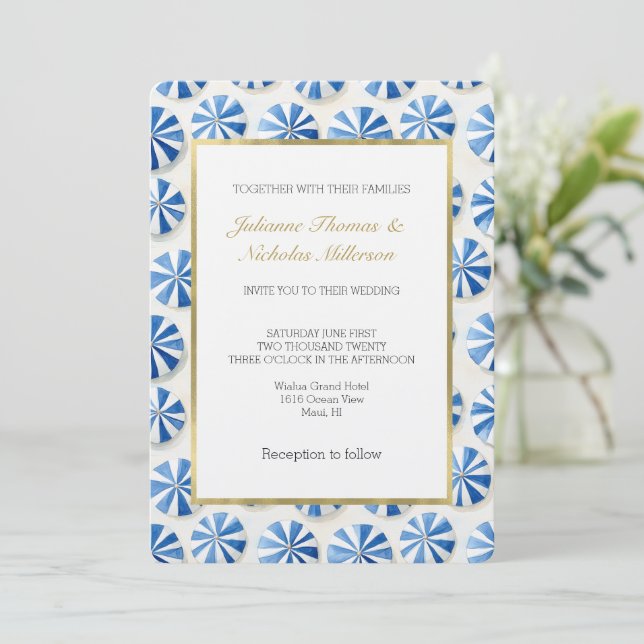 Invitación Sombrillas de Playa Blancas Azules Boda Riviera Fr (Anverso de pie)