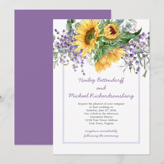 Invitación Sombrillas, Lavanda, Boda de Eucalyput (Anverso / Reverso)