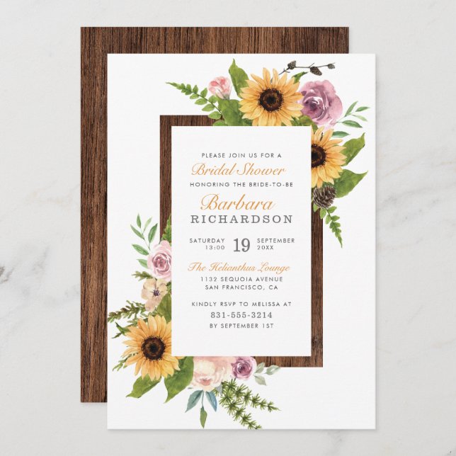 Invitación Sombrillas, Rosas y madera rusticas | Bridal Showe (Anverso / Reverso)